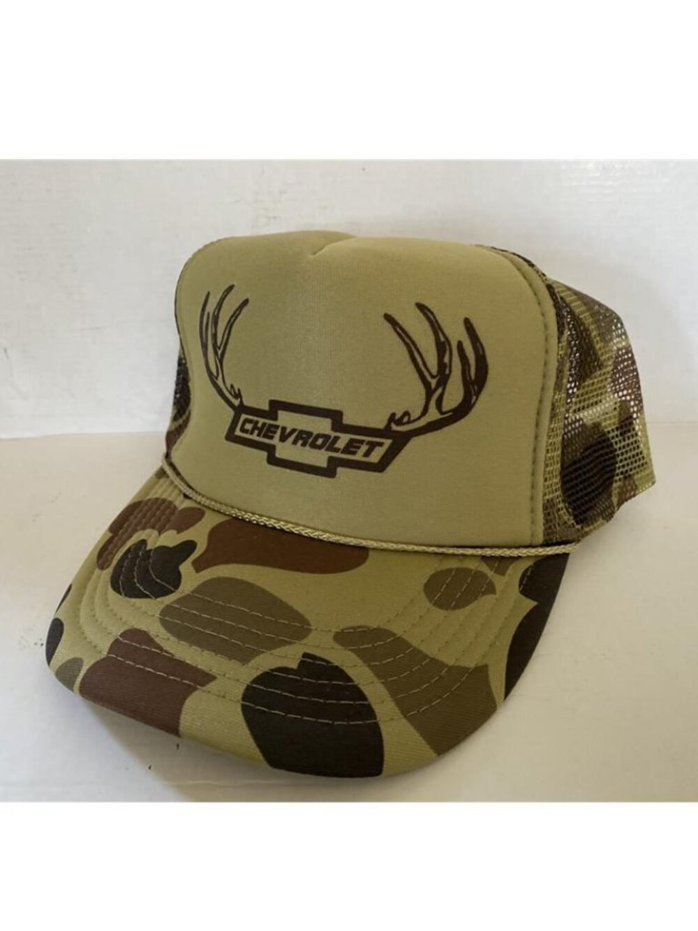 Chevrolet Antlers Duck Camo Deer Hunting Printed Tan Foam Rope Hat Cap Retro 80s - Picture 2 of 3